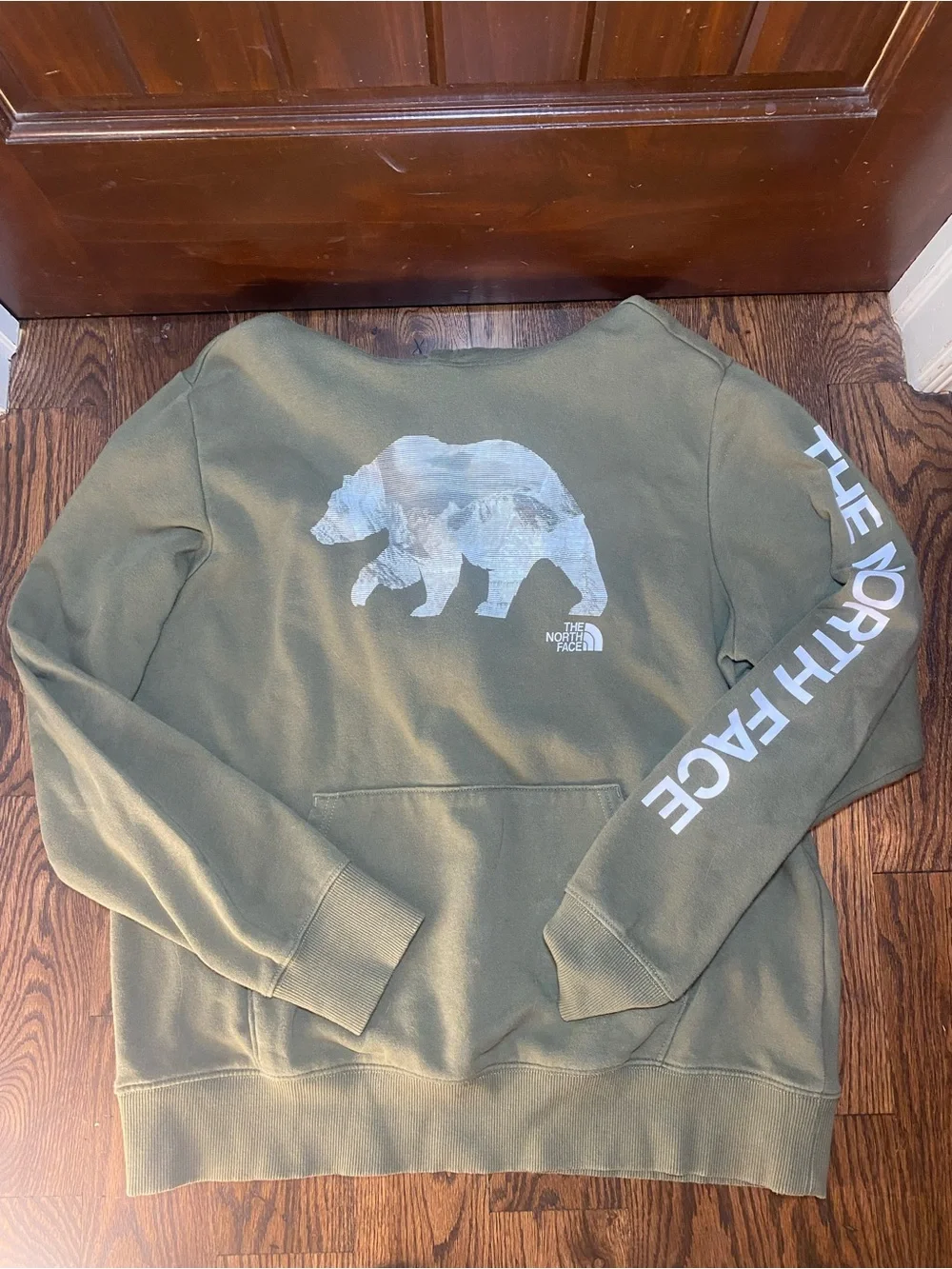 North Face Hoodie Men’s L Green Pullover White Bear Graphic Sleeve Spell out